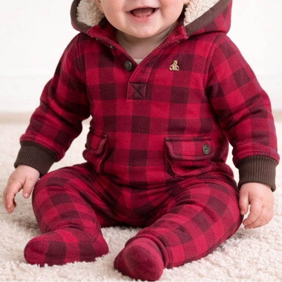 GAP Other - BabyGap Buffalo Plaid Fleece-Lined Hooded One-Piece – Size 6–12 Months - Red